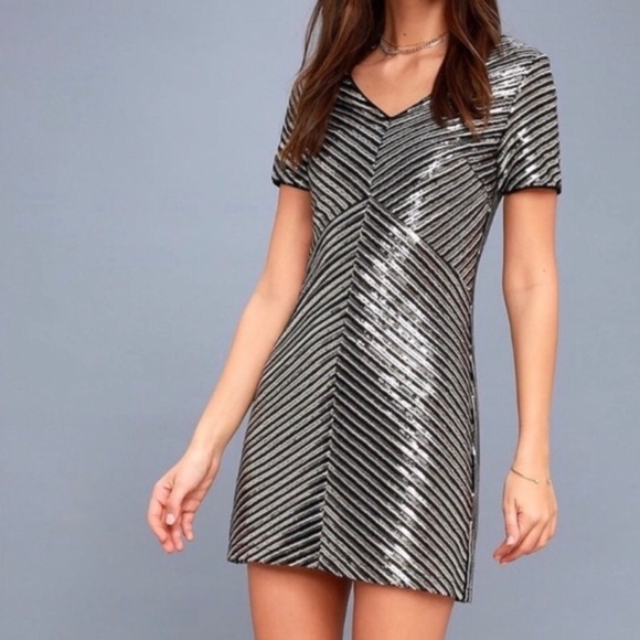 Lulu’s Black Gold Silver Striped Sequin Mini Dress - Picture 1 of 15